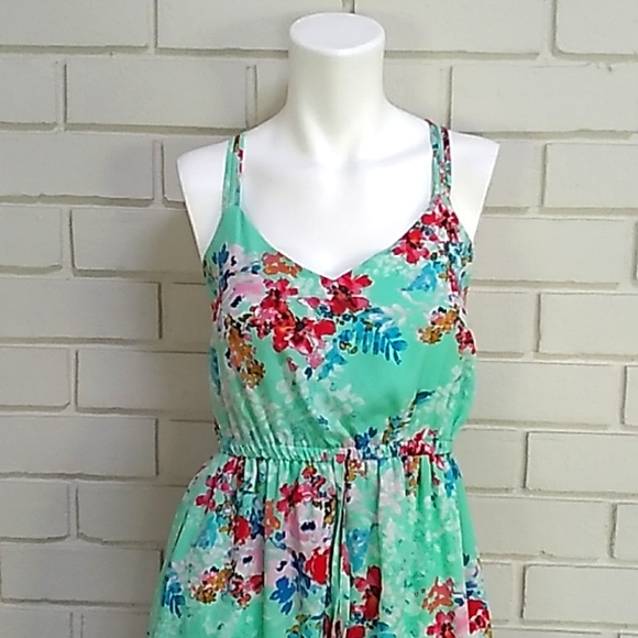 BeBop Floral High Low Criss Cross Elastic Tie Waist Mini Dress. Size Small - Picture 2 of 10